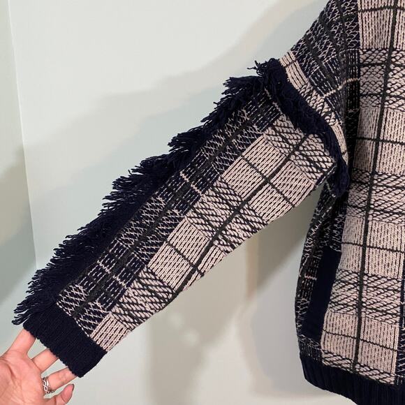 Madewell Women's Navy Plaid Fringe Wool Cardigan Sweater Sz XS NWT - Picture 8 of 10